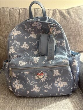 Juicy Couture Dusty Blue Floral large Backpack with Heart Accent. NWT